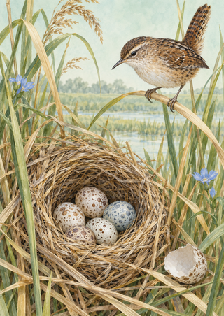 Brown marsh bird perched above a woven nest containing five speckled eggs, with a broken shell, tall reeds, and blue flowers.