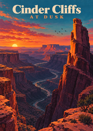 Sunset over a canyon with a tall sandstone spire at right, winding ravine, distant mesas, small birds, and the words Cinder Cliffs at Dusk.
