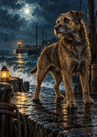 Full-body brindle terrier on a wet nighttime harbor quay, with boats, ropes, water, and amber lanterns.
