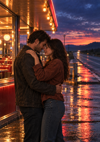 Two adults embrace beneath a glowing roadside diner canopy beside a wet highway at dusk.