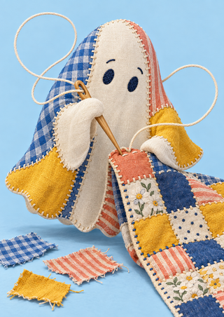 A patchwork fabric ghost sews a quilt with a wooden needle, surrounded by looping thread and scraps.