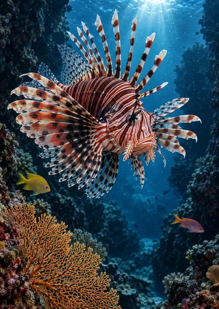 A striped lionfish with spread fins hovers above orange coral in a blue-lit underwater reef channel.