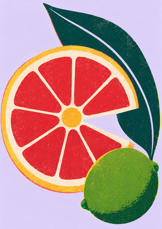 A geometric ruby grapefruit with a wedge-shaped opening, dark teal leaf, and overlapping green lime on a pale lilac background.