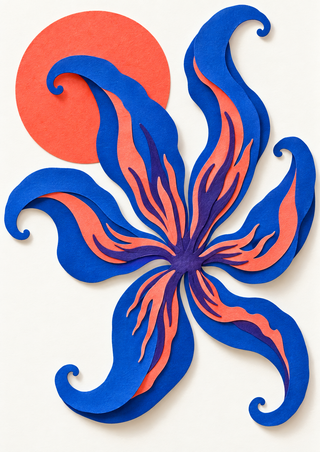 Cobalt-blue six-armed sea-anemone-like cut-paper form with violet center and coral disk on warm white.