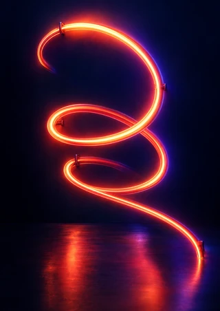 Glowing red-orange neon tube forming an open spiral against a dark background, with violet rim light and floor reflections.