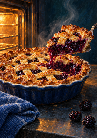 Golden lattice blackberry pie in a blue dish with a slice lifted on a server, glossy purple filling, steam, oven glow, blue cloth and scattered berries.