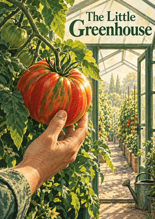Striped red-and-green heirloom tomato on the vine, held by a hand inside a leafy greenhouse with receding plant rows and a watering can.