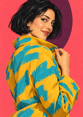 Smiling woman with a short black bob looking back in a yellow jacket with turquoise bands against a coral-pink background and plum curve.