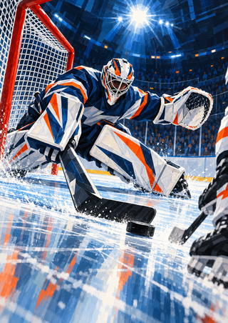 Masked hockey goalie reaches across the crease with glove extended, stick low near a puck, and an opposing player partly visible at the right.