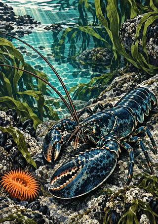 Blue-black lobster with forward claws and long antennae moving across a rocky kelp-filled tide pool beside an orange anemone.