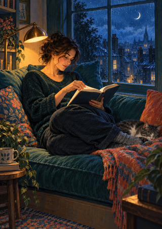 Woman reading an open book in a teal window seat beside a sleeping cat, with a brass lamp and moonlit city view.