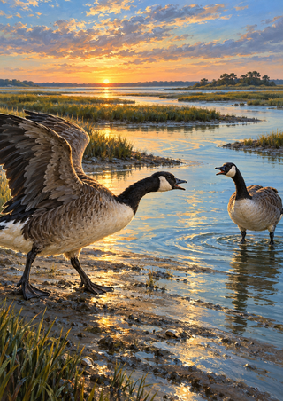 Two geese face one another at a sunrise marsh pool, with one bird's wings partly raised and water reflecting the bright sky.