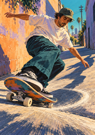 Adult skateboarder crouching low on a board during a turn in a sunlit alley, with a palm and long shadows.