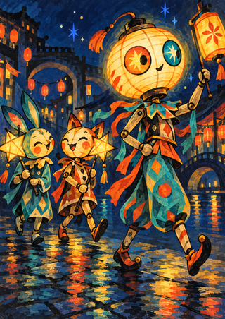 Three lantern-bearing puppet figures march along a midnight-blue street beneath arches, with warm glowing lanterns and reflective paving.