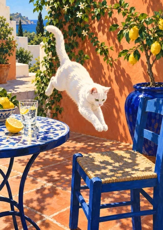White cat leaping toward a blue woven-seat chair in a terracotta courtyard beside a café table with lemon and sparkling water.