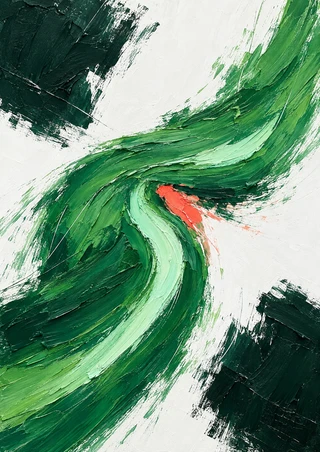 Layered green abstract arc sweeps across a textured white ground, with dark green corner blocks, mint highlight, and coral accent.