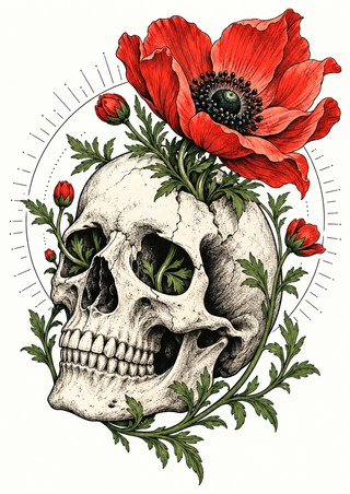 Ivory human skull entwined with leafy green stems and topped by a vivid red flower on a warm-white background.