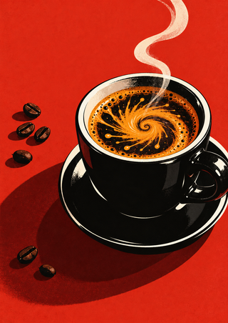 Black espresso cup and saucer with an orange crema spiral and curling steam on a red ground, with scattered coffee beans.