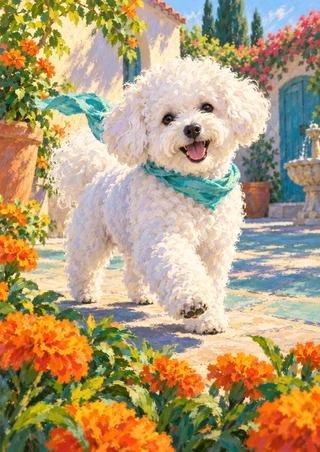 Fluffy white bichon frise wearing a turquoise scarf trots through a sunlit courtyard bordered by orange marigolds and green leaves.