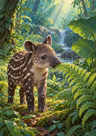 Young spotted tapir reaching toward a fern in a lush green forest with a waterfall in the distance.