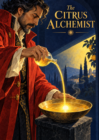 Dark-haired adult alchemist in a red coat pouring golden liquid into a bowl against an indigo background, with citrus branches and title.