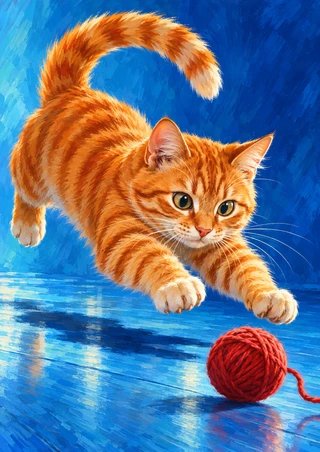 Ginger tabby cat leaping across a blue floor toward a red yarn ball with a trailing strand.