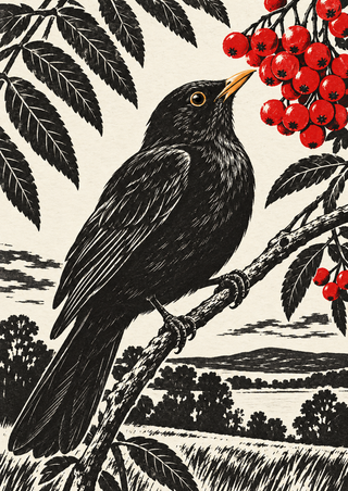 A blackbird perches on a diagonal branch beside scarlet rowan berries and dark leaves, with a distant landscape behind it.