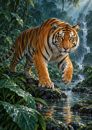 Orange-and-black tiger stepping through a shallow jungle stream amid broad green leaves, with a waterfall behind.