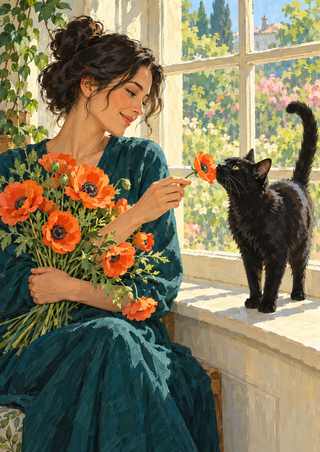 Adult woman in a deep teal dress offers an orange poppy to a black cat on a bright windowsill beside a bouquet and garden.
