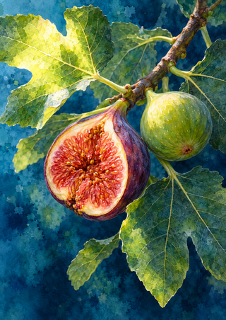 A split purple fig and whole green fig among broad veined leaves on a branch against a teal-blue background.