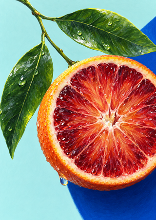 Close-up cut blood orange with ruby-red segments and water droplets, leafy twig, pale aqua background, and cobalt corner.