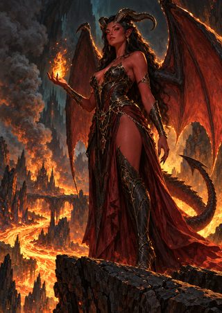 Horned woman in dark armor holding a flame above a fiery landscape, with batlike wings and a curled tail.