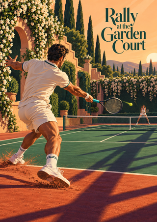 Tennis player swings toward an opponent across a garden court, with flowering vines, cypress, and the title “Rally at the Garden Court.”