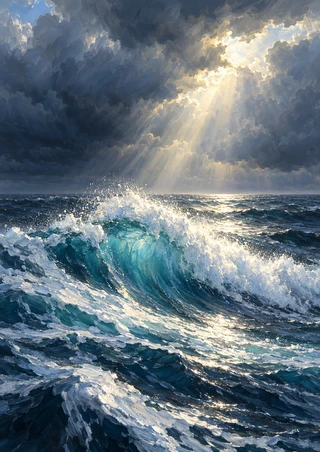 Large curling ocean wave with a white foamy crest beneath a dark storm cloud and bright sunlight breaking through.
