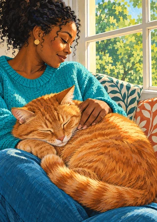 A ginger cat curled asleep in an adult woman's lap by a bright window, with turquoise clothing and patterned cushions.