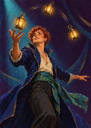Adult performer in a dark blue coat and teal sash looking toward three glowing lanterns against a deep plum backdrop.