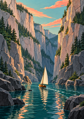 Cream-sailed ochre boat crossing a reflective teal gorge between towering tree-covered cliffs beneath coral-streaked clouds.
