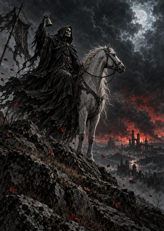 Hooded skeletal rider raising a bell while mounted on a pale horse on a rocky ridge beneath storm clouds.