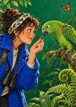 Woman in a blue jacket and binoculars offering a red berry to a green parrot perched on a branch, with a butterfly above.