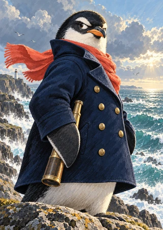 Penguin in a navy pea coat and coral scarf holding a brass spyglass above foamy coastal waves.