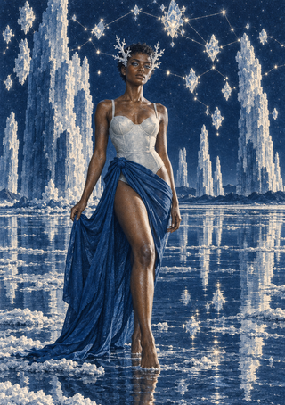 A fantasy goddess wears a branching crystal crown, silver-white bodice and blue drape amid starlit formations and reflective water.