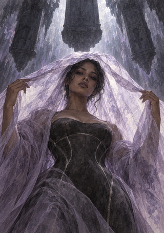 A woman in a dark fitted gown holds a translucent lavender veil beneath massive suspended stone columns.