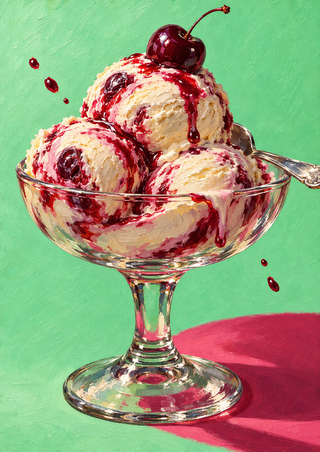 Three scoops of cherry-vanilla ice cream in a coupe with cherry, syrup, and spoon against mint green and raspberry pink.