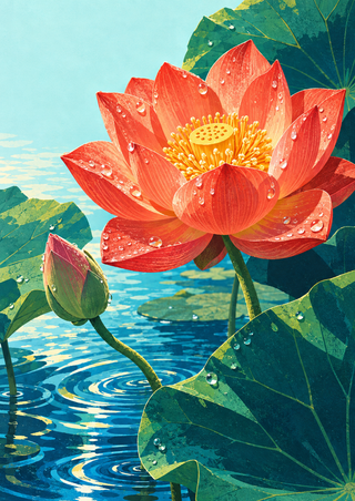 Large coral-red lotus with a golden center and rain droplets, surrounded by a bud, broad green leaves and rippling blue water.