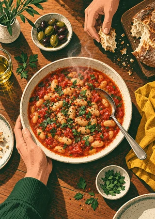 An overhead view of tomato and white-bean stew with a spoon, bread, olives, herbs, a yellow napkin, and two hands at the table.