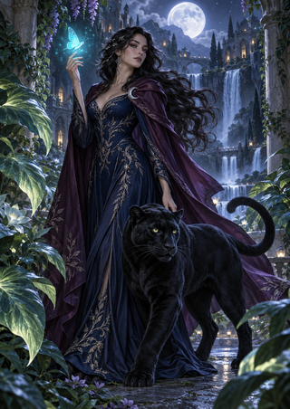 Dark-haired sorceress in a plum cloak guiding a glowing blue moth beside a black panther amid moonlit foliage and a waterfall.