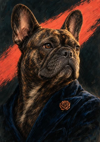 Brindle French bulldog in a dark blue jacket and copper-colored rosette, posed against a diagonal coral-red brushstroke on a charcoal background.