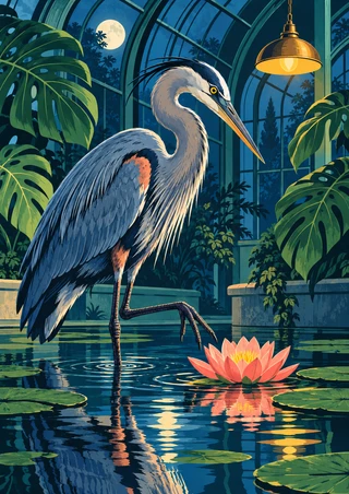 Blue-gray heron lifting one leg beside a coral-pink water lily in a moonlit greenhouse pond, with arched glass ribs and an amber lamp.