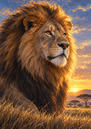 Close portrait of a mature male lion looking right at sunrise, with golden savannah grass and distant acacia silhouettes.