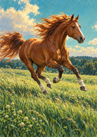Chestnut horse galloping right through a green meadow, mane streaming left, with clover and distant trees.